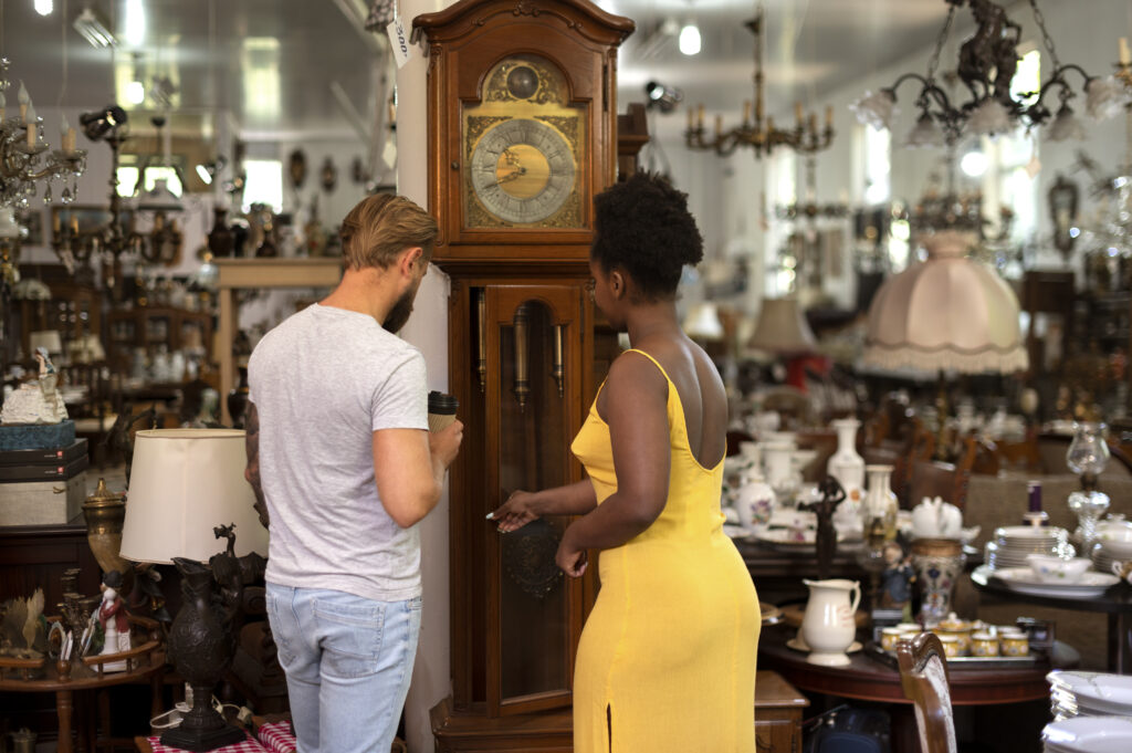 back view people antique store
